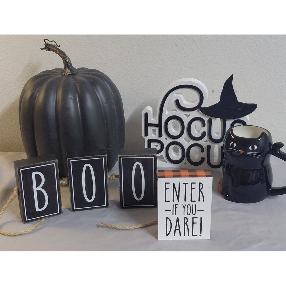 Halloween Decor Lot Black Pumpkin Hocus Pocus Cat Mug BOO Signs Farmhouse 5 Pc